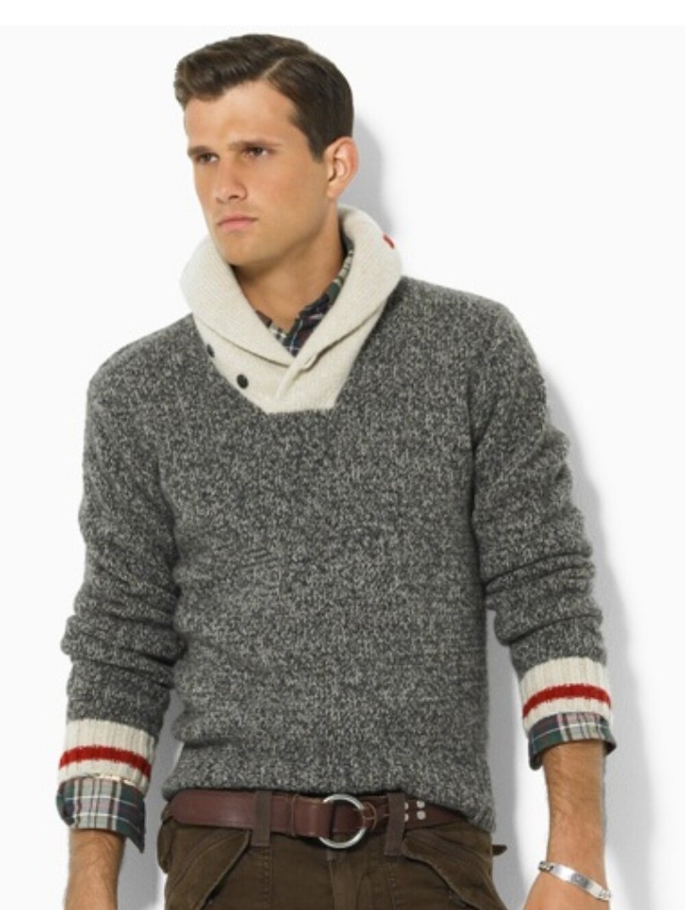 Ralph Lauren Gray Marled Turtleneck Md Sweater W/Cream Hood and Red Stripe Cuffs